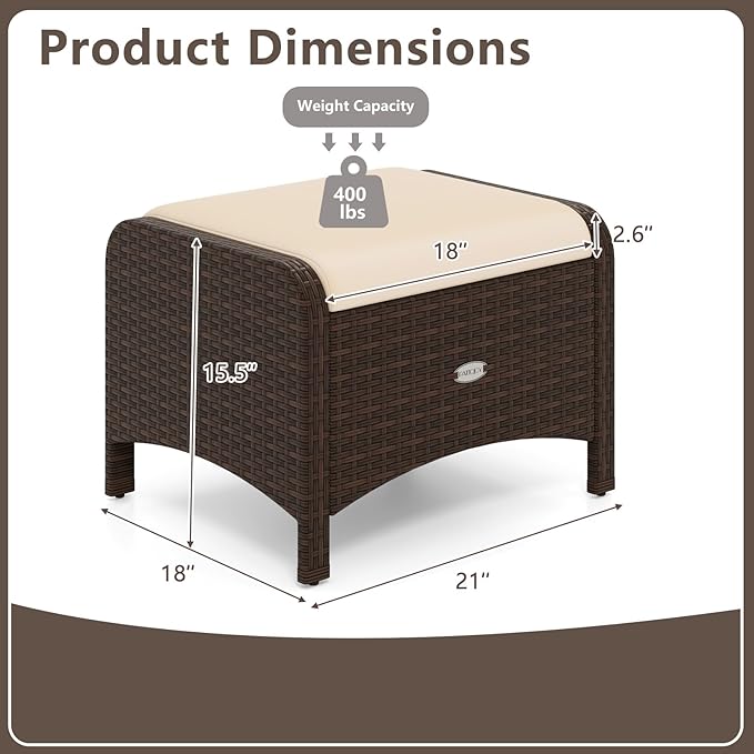 RELAX4LIFE Wicker Outdoor Ottomans for Patio - Set of 2 Rattan Footstools w/Removable Cushions - Photo 3