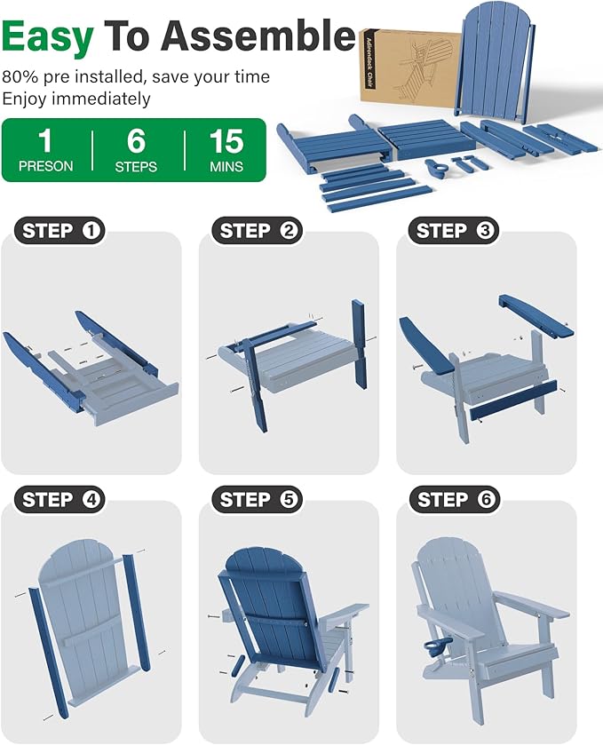 YEFU Adirondack Chair with Retractable Ottoman: Adjustable Folding Adirondack Chairs Set of 4 - Fire Pit Chairs with Cup Holder - Sturdy HDPE Plastic All Weather for Outdoor/Patio/Fire Pit/Pool(Blue)