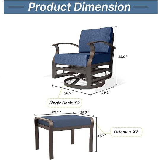 Gotland 4 Piece Patio Set, Metal Outdoor Swivel Chairs Set of 2 with 2 Ottoman 5.1’’ High-Resilience Seat Cushions Removable Cushions, Aluminum Patio Furniture Set for Lawn, Porch, Balcony, Navy