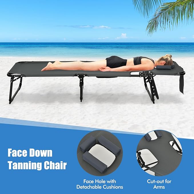 Goplus Tanning Chair, Folding Adjustable Patio Lounge Chair with Face Hole, Removable Pillow, 330LBS, Carry Strap, Outdoor Sunbathing Chair, Lightweight Portable Beach Lounge Chair, No Assembly