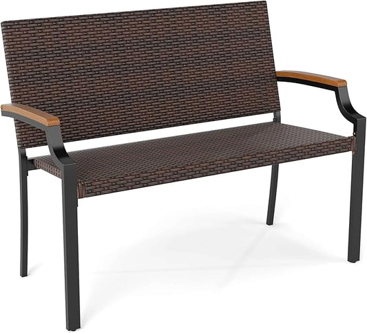Tangkula Stackable Patio Wicker Loveseat Bench, 2-Person Rattan Outdoor Bench with Acacia Wood Armrests & Metal Frame, Rattan Conversation Furniture for Backyard, Garden, Balcony, Porch (1,Mix Brown)
