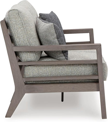 Signature Design by Ashley Hillside Barn Contemporary Nuvella Weather Resistant Fabric Outdoor Loveseat with Cushion and 2 Throw Pillows, Light Brown & Light Gray
