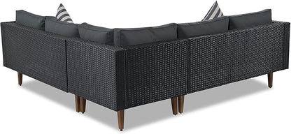 Quarte 4-Piece Outdoor Patio Furniture Set, Wicker L-Shape Corner Sectional Sofa Set with Colorful Pillows and Coffee Table,Conversation Seating Group for Small Places (Black+ Gray/L)