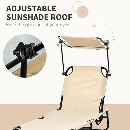 Outsunny Folding Chaise Lounge Pool Lounge Chairs Set of 2, Outdoor Sun Tanning Chairs with Canopy Shade, Reclining Back, Steel Frame and Side Pocket for Beach, Yard, Patio, Tan