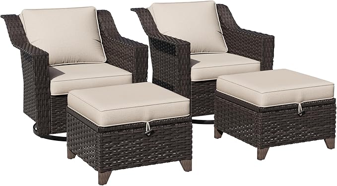 4 Pieces Patio Conversation Furniture Set - 2 Swivel Chairs, 2 Ottomans, Outdoor Wicker Furniture with Removable Cushions for Porch, Balcony, Sunroom (Beige)