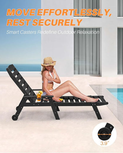 HDPE Patio Lounge Chair Set of 2, 78.4'' Outdoor Poly Lounge Chairs, 5-Position Adjustable Outdoor Lounger with Wheels & Cup Holder, HDPE Patio Chaise Lounges for Deck, Beach, Obsidian