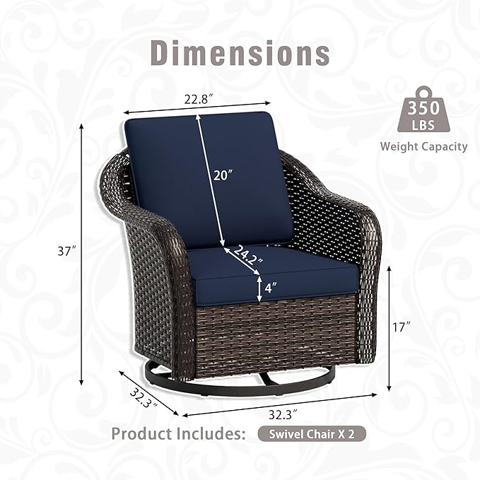 Outdoor Wicker Swivel Chair Set of 2, All-Weather Use Patio Rattan Chair with Seat and Back Cushion, Ideal for Porch - Photo 3