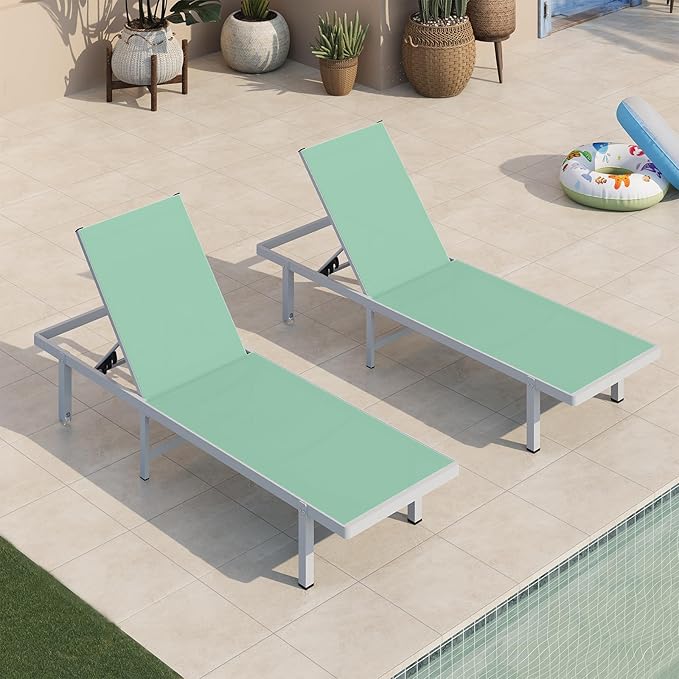 Aluminum Outdoor Lounge Chairs Set of 2, Pool Lounge Chairs with Wheels and 5-Position Recliner -Easy to Move- Patio Chaise Lounge Outdoor for Poolside, Deck, Beach (LightGreen)