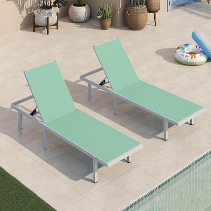 Aluminum Outdoor Lounge Chairs Set of 2, Pool Lounge Chairs with Wheels and 5-Position Recliner -Easy to Move- Patio Chaise Lounge Outdoor for Poolside, Deck, Beach (LightGreen)