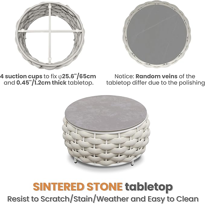 Short Round Patio Side Table: Assembled Hand Woven Rope Accent Tables - Aluminum Outdoor Coffee Table Modern - Metal Porch Furniture for 176lbs Deck Pool Garden Balcony Hotel φ25.6''/65cm, Beige
