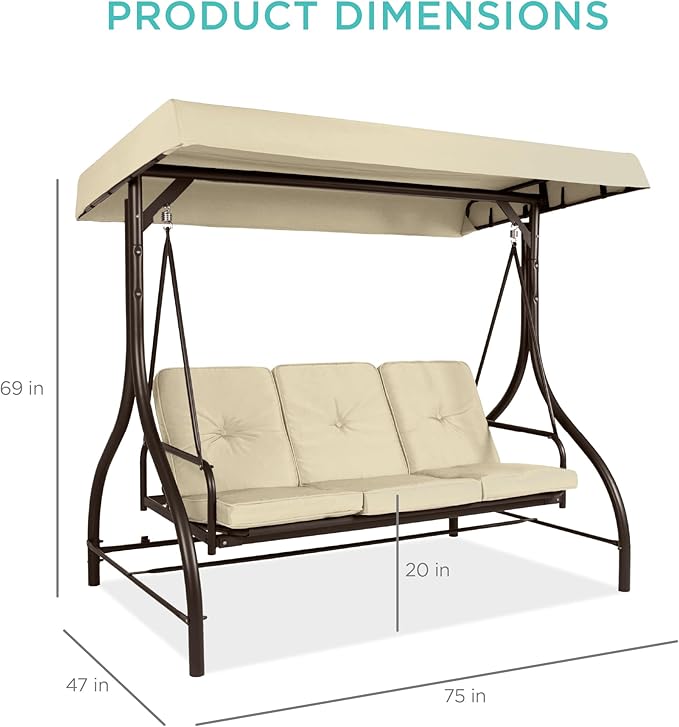 Best Choice Products 3-Seat Outdoor Large Converting Canopy Swing Glider, Patio Hammock Lounge Chair for Porch - Photo 7