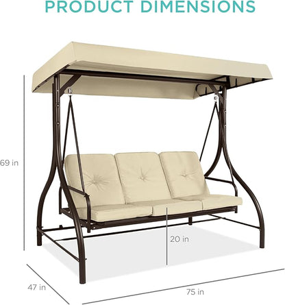 Best Choice Products 3-Seat Outdoor Large Converting Canopy Swing Glider, Patio Hammock Lounge Chair for Porch, Backyard w/Flatbed, Adjustable Shade, Removable Cushions - Ivory