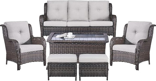 Belord Patio Wicker Sofa Set 6 Pieces Patio Furniture Set Outdoor Couch, 2 Patio Wicker Chairs with 1 Sofa, Coffee Table and Ottomans, Patio Conversation Set for Porch Garden Deck Balcony Poolside