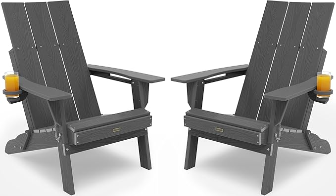 Adirondack Chair with Cup Holder: Folding Adirondack Chairs Set of 2 Plastic HDPE Material Furniture - Modern Composite Fire Pit Chairs Foldable for Outdoor/Backyard/Garden/Lawn/Deck/Porch