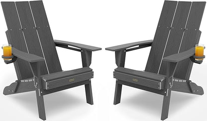 Adirondack Chair with Cup Holder: Folding Adirondack Chairs Set of 2 Plastic HDPE Material Furniture - Modern Composite Fire Pit Chairs Foldable for Outdoor/Backyard/Garden/Lawn/Deck/Porch