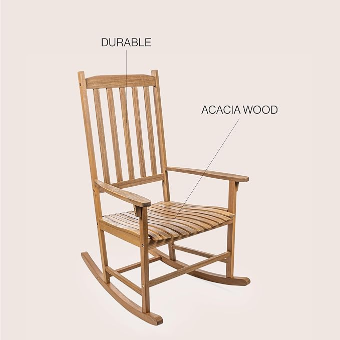 Eyely KCR300A Orvindar Farmhouse Classic Slat-Back 350-LBS Support Acacia Wood Outdoor Rocking Chair, Teak Brown