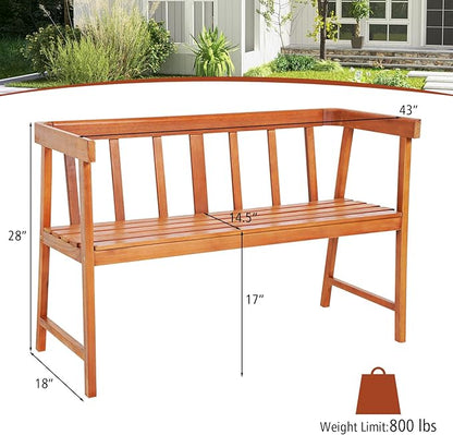 HAPPYGRILL Outdoor Wood Bench 2-Person Patio Wooden Bench with Ergonomic Backrest & Armrests, All-Weather Eucalyptus Wood Frame, Loveseat Outside Bench for Garden Balcony Poolside Porch Deck