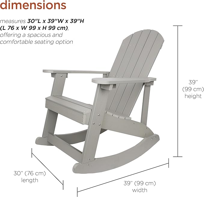 Alpine Corporation 39" H Outdoor Adirondack Rocking Chair with Classic Ergonomic Design Patio Seating Furniture and Accessories, Light Gray