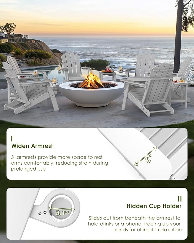 GREENVINES Folding-Adirondack-Chair | HDPE Plastic | Fire Pit Chairs | All Weather | Cup Holder | White - Photo 5