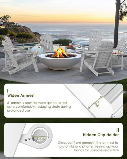 GREENVINES Folding-Adirondack-Chairs-Set-of-2 | HDPE Plastic | Fire Pit Chair | All Weather | Cup Holder | White | for Deck Backyard Patio Outdoor Garden