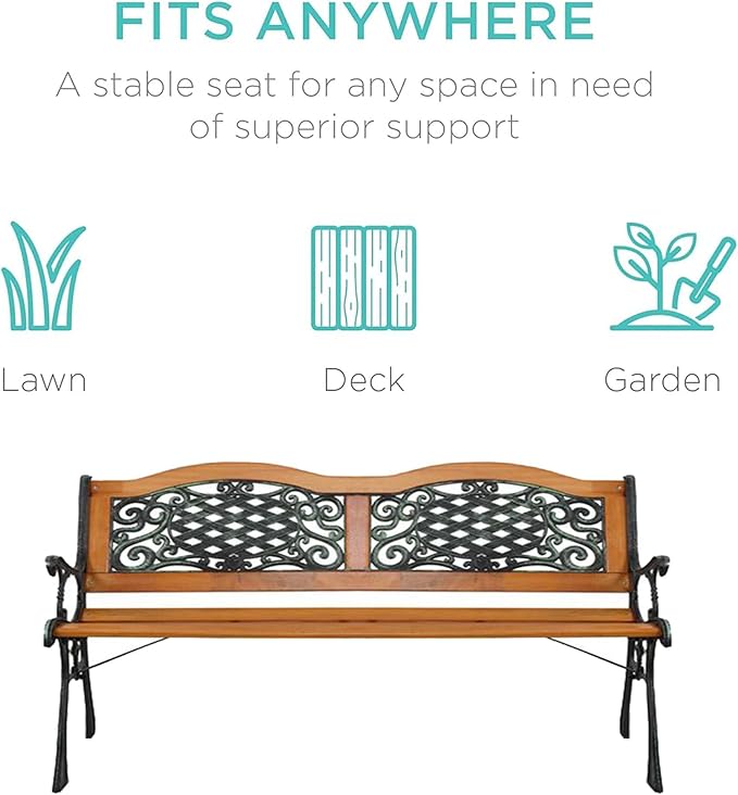 LICOME 49" Garden Bench Outdoor Bench Patio Bench,Cast Iron Metal Frame Patio Park Bench with Floral Pattern Backrest,Arch Legs for Porch,Lawn,Yard(Style1)