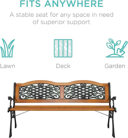 LICOME 49" Garden Bench Outdoor Bench Patio Bench,Cast Iron Metal Frame Patio Park Bench with Floral Pattern Backrest,Arch Legs for Porch,Lawn,Yard(Style1)