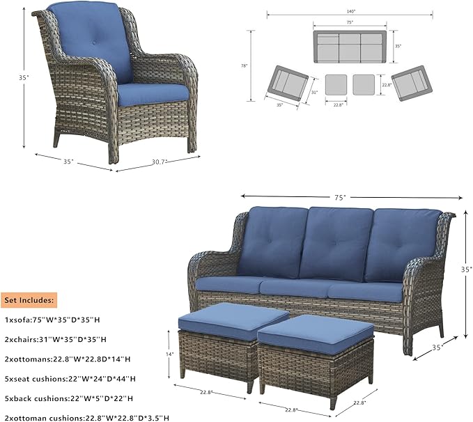 Rilyson Outdoor Patio Wicker Furniture Set - 5 Piece Rattan Patio Conversation Sectional Sofa Set with 1 Couch - Photo 3