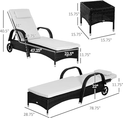 Outsunny Wicker Outdoor Chaise Lounge Chair Set of 3 with Side Table, 5-Level Adjustable Backrest PE Rattan Pool Lounge Chair with Wheels, Cushion & Headrest, Black and Cream White