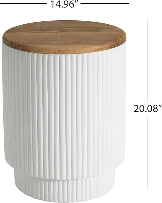 Christopher Knight Home Utara Patio Lightweight Concrete Round Coffee Table with Storage, Indoor and Outdoor End Table, MGO Outdoor Side Table with Acacia Wood Top, No Assembly, White + Brown