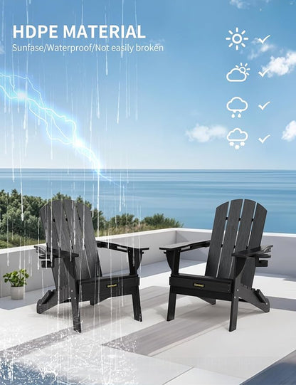 Folding Adirondack Chair Set of 6, Wooden Textured Plastic Adirondack Chairs with 2 Cup Holder, Weather Resistant HDPE Fire Pit Chair, Outdoor Patio Chairs for Garden, Backyard, Lawn, Deck, Black