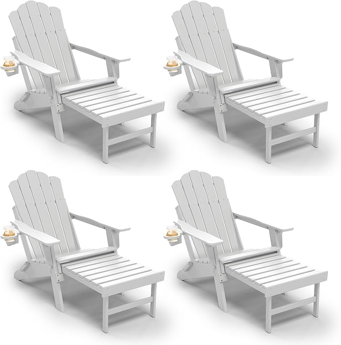 FOOWIN Adjustable Adirondack Chair with Retractable Ottoman Set of 4, Folding Adirondack Chair with Cup Holder, HDPE All-Weather Fire Pit Chair for Patio, Yard, Poolside, White