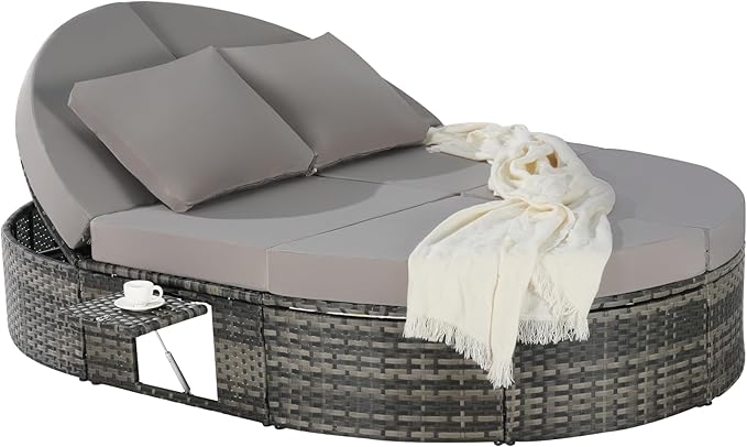 JOSHEN 78" Outdoor Chaise Lounge Chair,Patio Round Daybed,Reclining Wicker Rattan Sun Bed with Adjustable Backrests and Foldable Cup Trays for Backyard,Poolside,Light Gray
