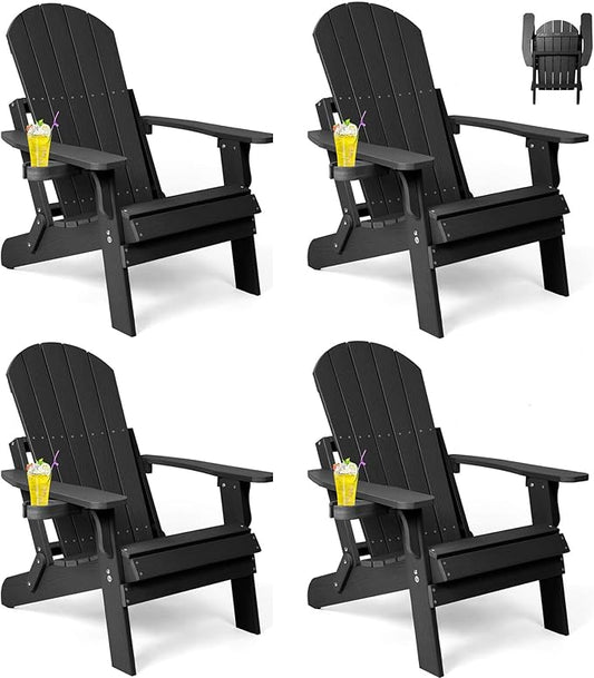 Folding Adirondack Chairs Set of 4, All Weather Resistant Plastic Chairs with Cup Holder, Fold or Unfold Easily in 1 Second, Outdoor Chairs for Patio, Garden, Backyard Deck, Lawn Fire Pit(Black)
