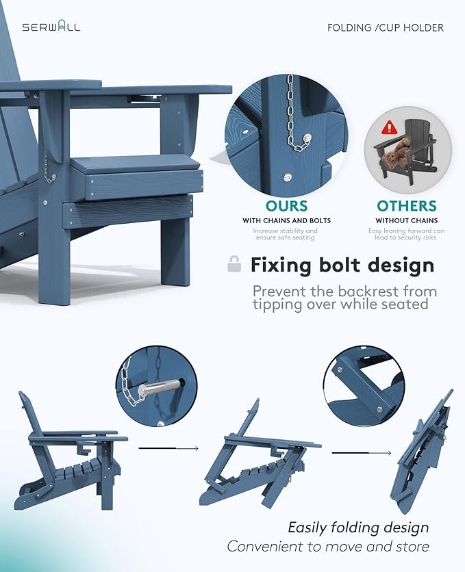 SERWALL Folding Adirondack Chairs with Cushions - Set of 4, Memory Foam Cushions - Blue/Gray - Photo 6