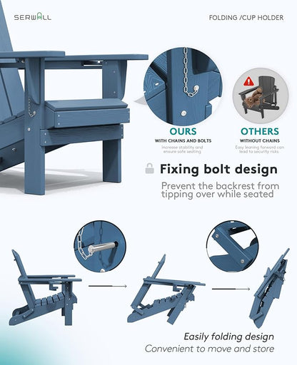 SERWALL Folding Adirondack Chair, HDPE Adirondack Chairs Set of 4, Plastic Outdoor Chairs- Looks Exactly Like Real Wood- Navy