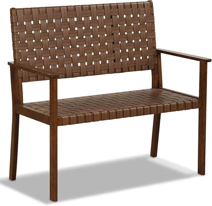 Tangkula Patio Loveseat Bench, Outdoor All Weather Bench with Solid Rubber Wood Frame & Hand Woven PU Leather, Indoor Outdoor 2-Seater Conversation Chair for Backyard, Garden, Poolside