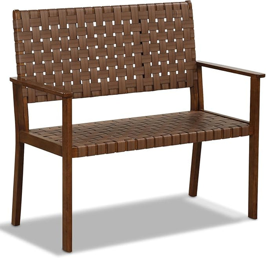 Tangkula Patio Loveseat Bench, Outdoor All Weather Bench with Solid Rubber Wood Frame & Hand Woven PU Leather, Indoor Outdoor 2-Seater Conversation Chair for Backyard, Garden, Poolside