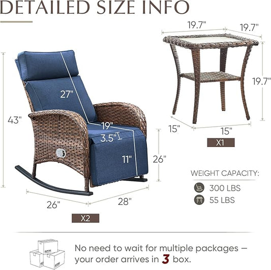 Belord 3 Piece Wicker Patio Furniture Set - Outdoor Swivel Rocker Recliner Chair with Adjustable Backrest & Footrest, All Weather Reclining Lounge Chair with Thick Cushion for Pool Deck Garden Blue