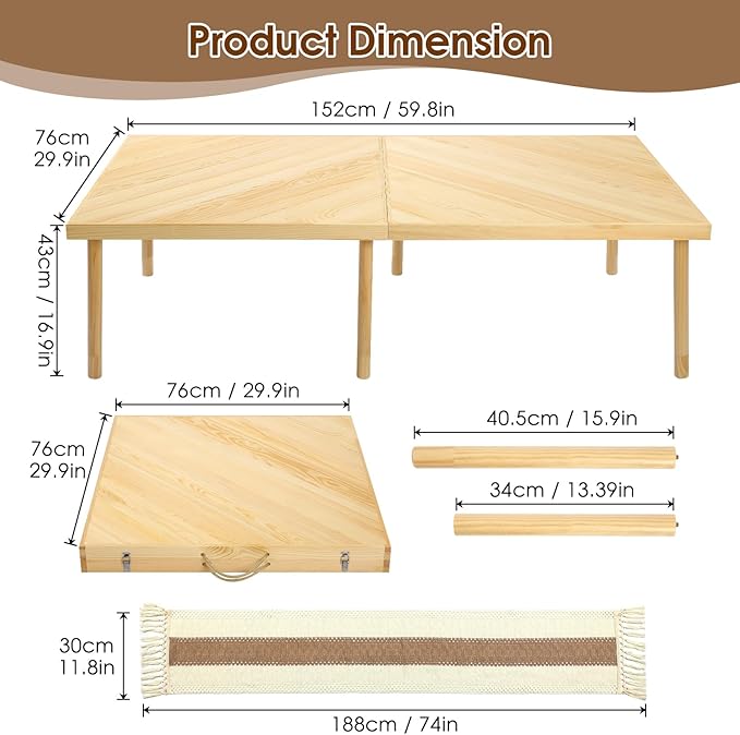 Folding Picnic Table with Table Runner, Portable Boho Low Picnic Table for Indoor Outdoor - Photo 3
