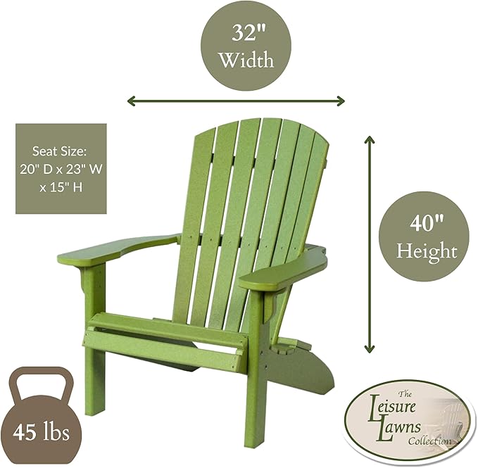 Leisure Lawns Poly Plastic Fanback Adirondack Chair, Outdoor Patio Chair - Amish Made in USA (Lime Green)
