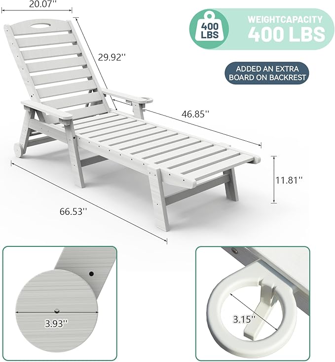 Outdoor Lounge Chairs, 78'' Long Patio Lounge Chair HDPE 5-Position Adjustable with Cup Holder & Rolling Wheels - Photo 2