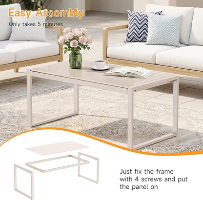 ONBRILL Rectangle Coffee Table with Tempered Glass Desktop, Galvanized Frame Outdoor Coffee Table with Adjustable Feet for Patio, Balcony, Deck, Living Room, Sand
