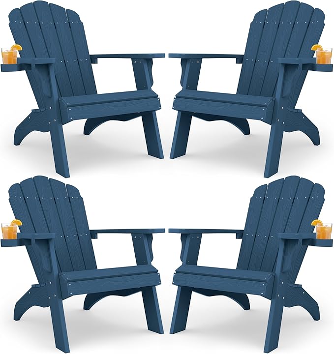 YEFU Oversized Plastic Adirondack Chair Set of 4 with Cup-Holder, Weather Resistant, Poly Lumber Outdoor Chairs Duty Rating Widely Used in Patio, Lawn, Outside, Deck, Garden Chair-Navy Blue