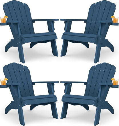 YEFU Oversized Plastic Adirondack Chair Set of 4 with Cup-Holder, Weather Resistant, Poly Lumber Outdoor Chairs Duty Rating Widely Used in Patio, Lawn, Outside, Deck, Garden Chair-Navy Blue