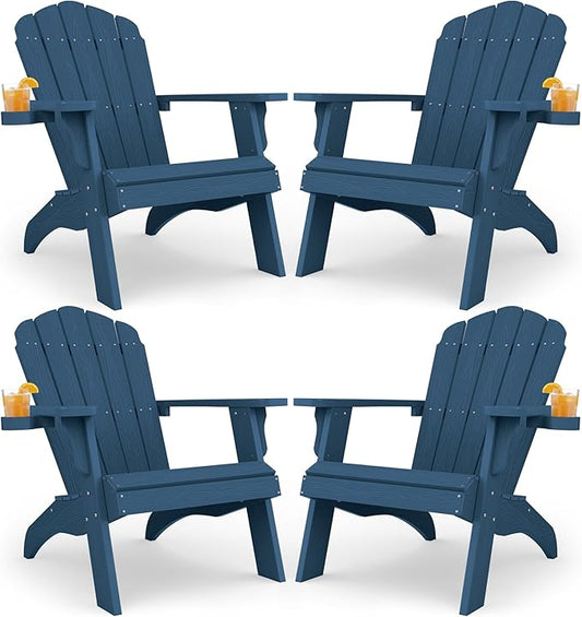 YEFU Oversized Plastic Adirondack Chair Set of 4 with Cup-Holder, Weather Resistant, Poly Lumber Outdoor Chairs Duty Rating Widely Used in Patio, Lawn, Outside, Deck, Garden Chair-Navy Blue