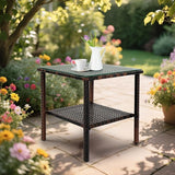 Outdoor Wicker Side Table,2-Layer Patio Rattan Garden Coffee End Square Table with Glass Top (Brown) - Photo 2