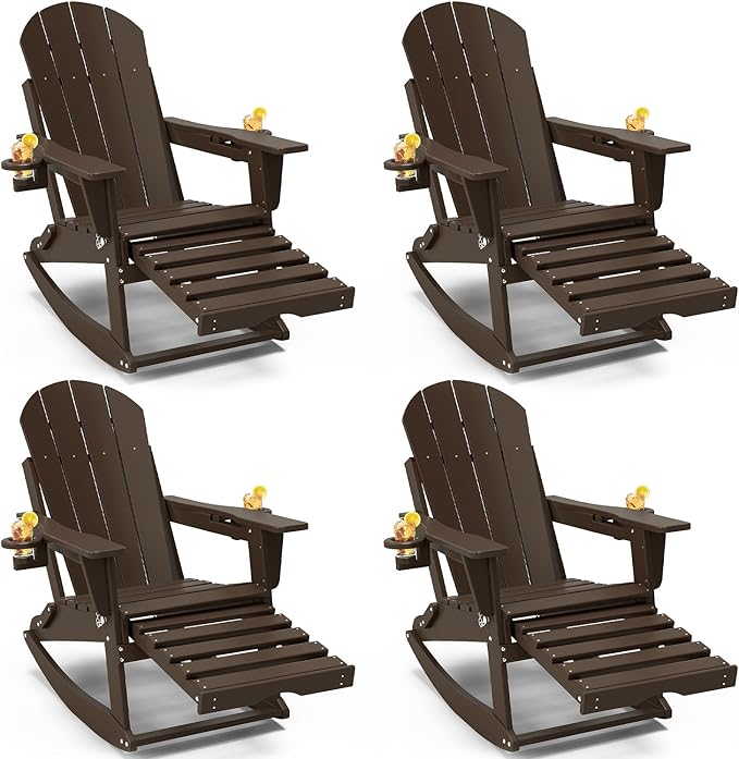 Adirondack Rocking Chairs Set of 4 with Retractable Ottoman, All Weather Folding Adirondack Chair with Two Cup Holders, Adirondack Outdoor Rocking Chairs for Porch, Patio, Balcony. Coffee