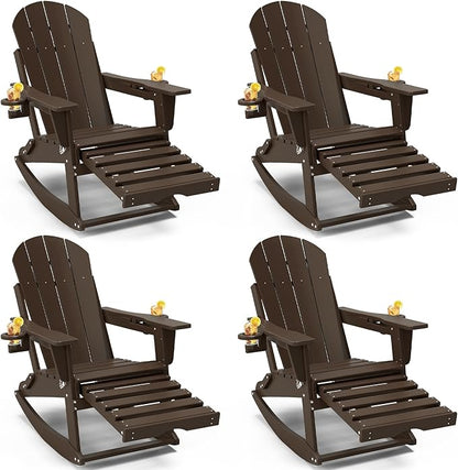 Adirondack Rocking Chairs Set of 4 with Retractable Ottoman, All Weather Folding Adirondack Chair with Two Cup Holders, Adirondack Outdoor Rocking Chairs for Porch, Patio, Balcony. Coffee