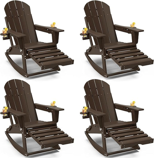 Adirondack Rocking Chairs Set of 4 with Retractable Ottoman, All Weather Folding Adirondack Chair with Two Cup Holders, Adirondack Outdoor Rocking Chairs for Porch, Patio, Balcony. Coffee