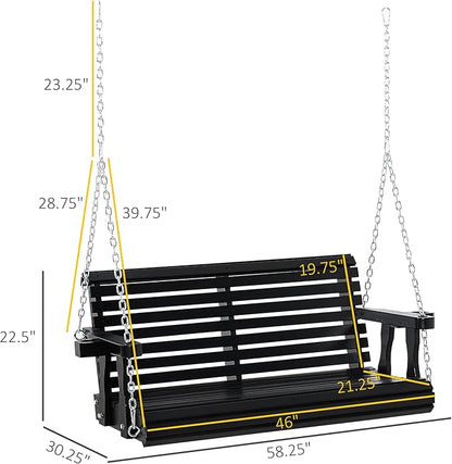 Outsunny Porch Swing with Chains and Cupholders, 2 Person Wooden Patio Swing Chair, 440 lbs. Weight Capacity, for Garden, Poolside, Backyard, Black